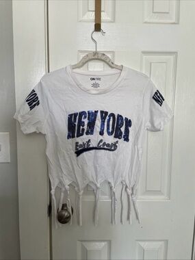 On Fire White Tee with Blue Sequin 'NEW YORK' Graphic